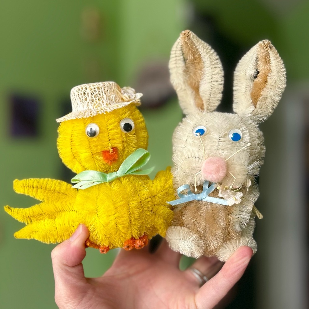 Vintage Handmade Cottagecore Chick & Bunny Crafted Art Decor Accent Set x2